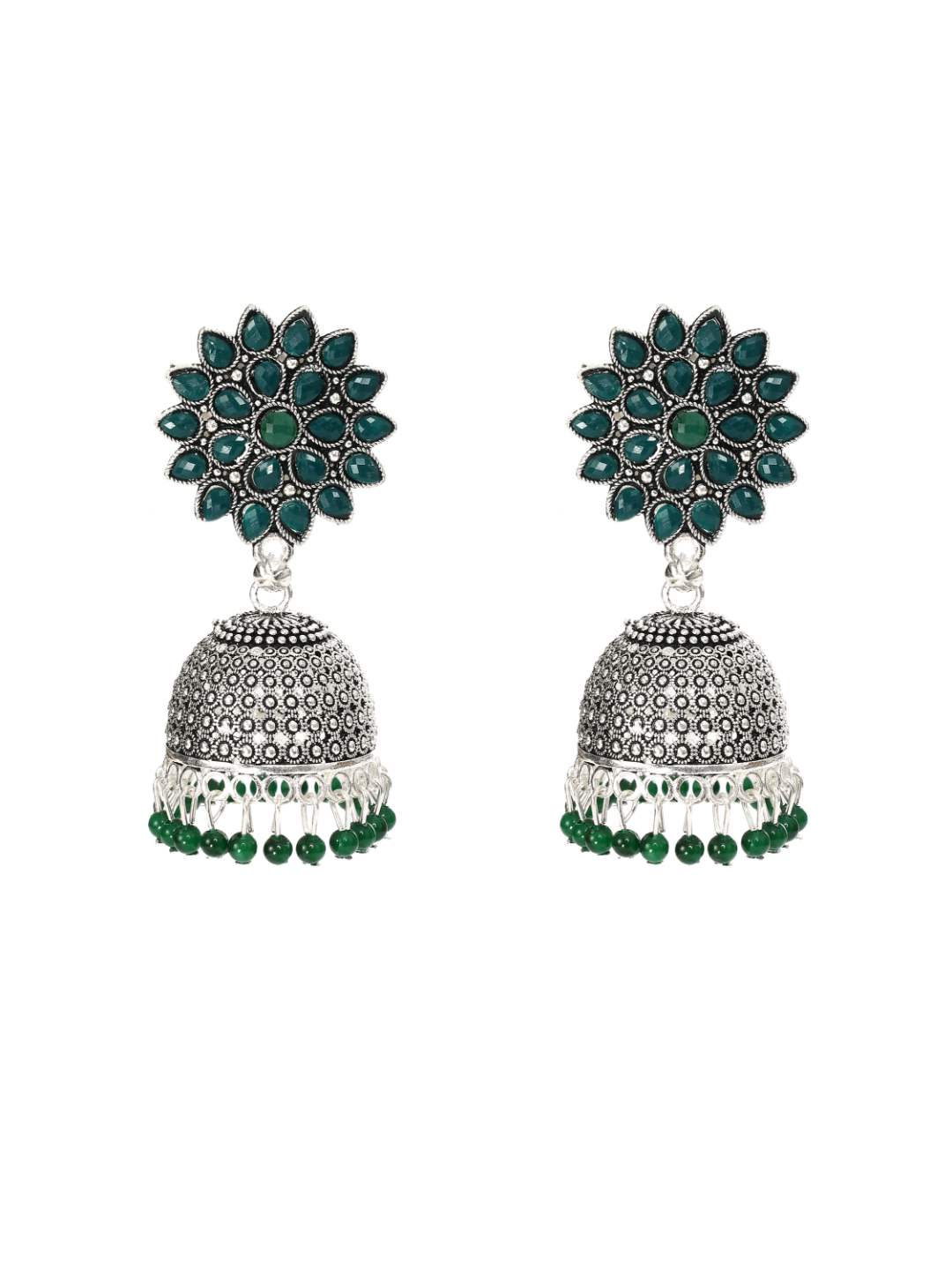 Trendia Silver Kundan work Jhumkas with Green Pearls -