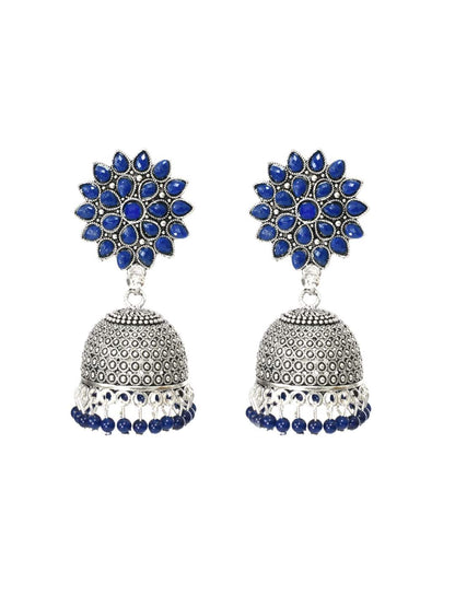 Blue Oxydized Silver Jhumka Earrings by  Jihar (1 Pair earrings)