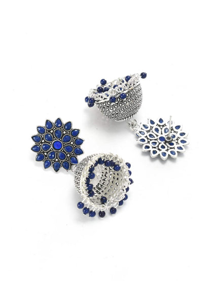 Blue Oxydized Silver Jhumka Earrings by  Jihar (1 Pair earrings)