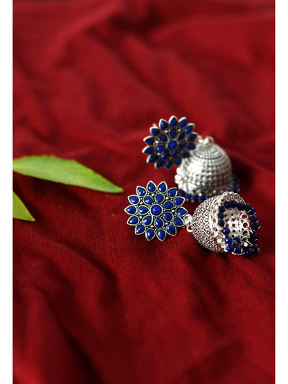 Blue Oxydized Silver Jhumka Earrings by  Jihar (1 Pair earrings)