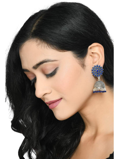 Blue Oxydized Silver Jhumka Earrings by  Jihar (1 Pair earrings)