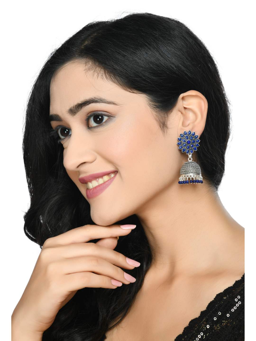 Blue Oxydized Silver Jhumka Earrings by  Jihar (1 Pair earrings)