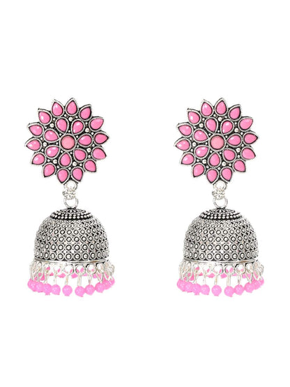 Trendia Silver-Plated Kundan Work with Pink Pearls Jhumkas Jker_130