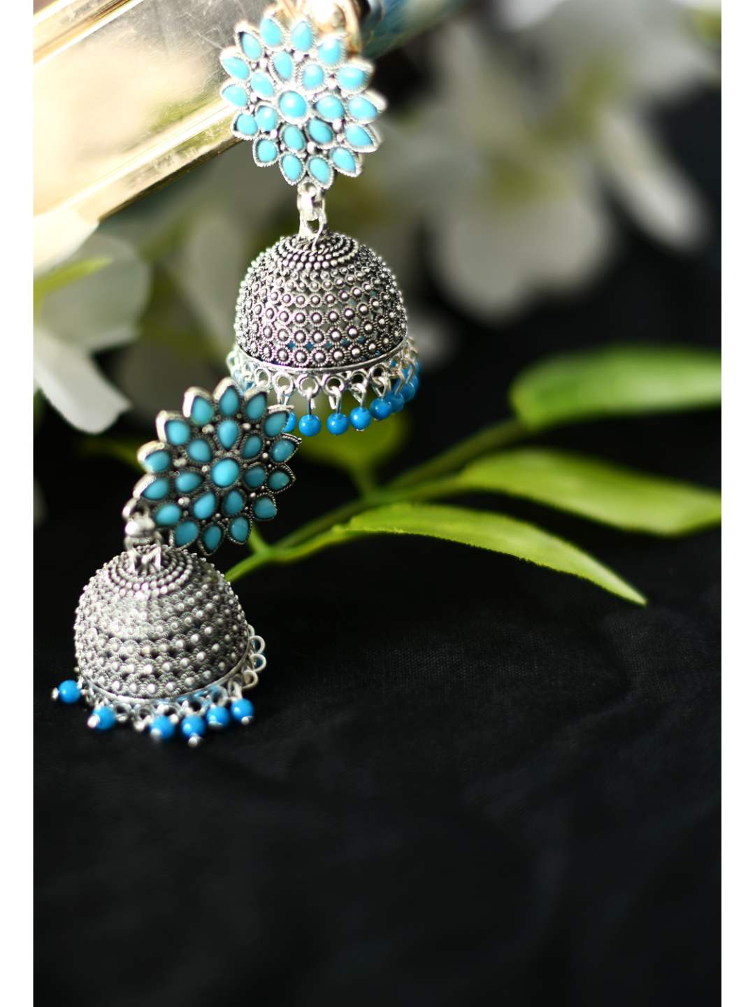 Trendia Silver-Plated Sky Blue color Kundan with Pearls Jhumkas Jker_132