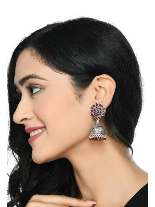 Trendia Silver-Plated Maroon color Kundan with Pearls Jhumkas Jker_134