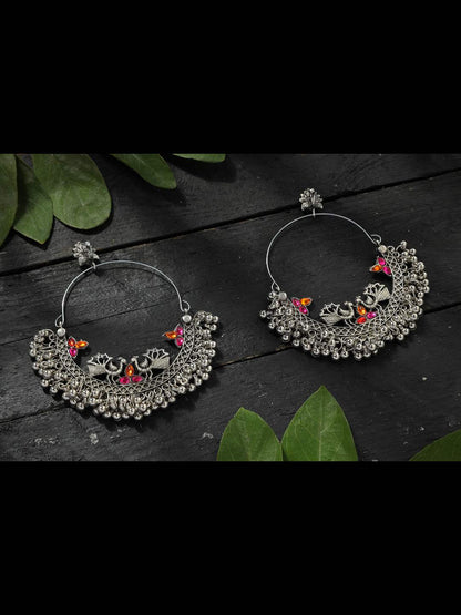 Silver-Plated Peacock Design Multi colour Kundan Earrings Jker_140