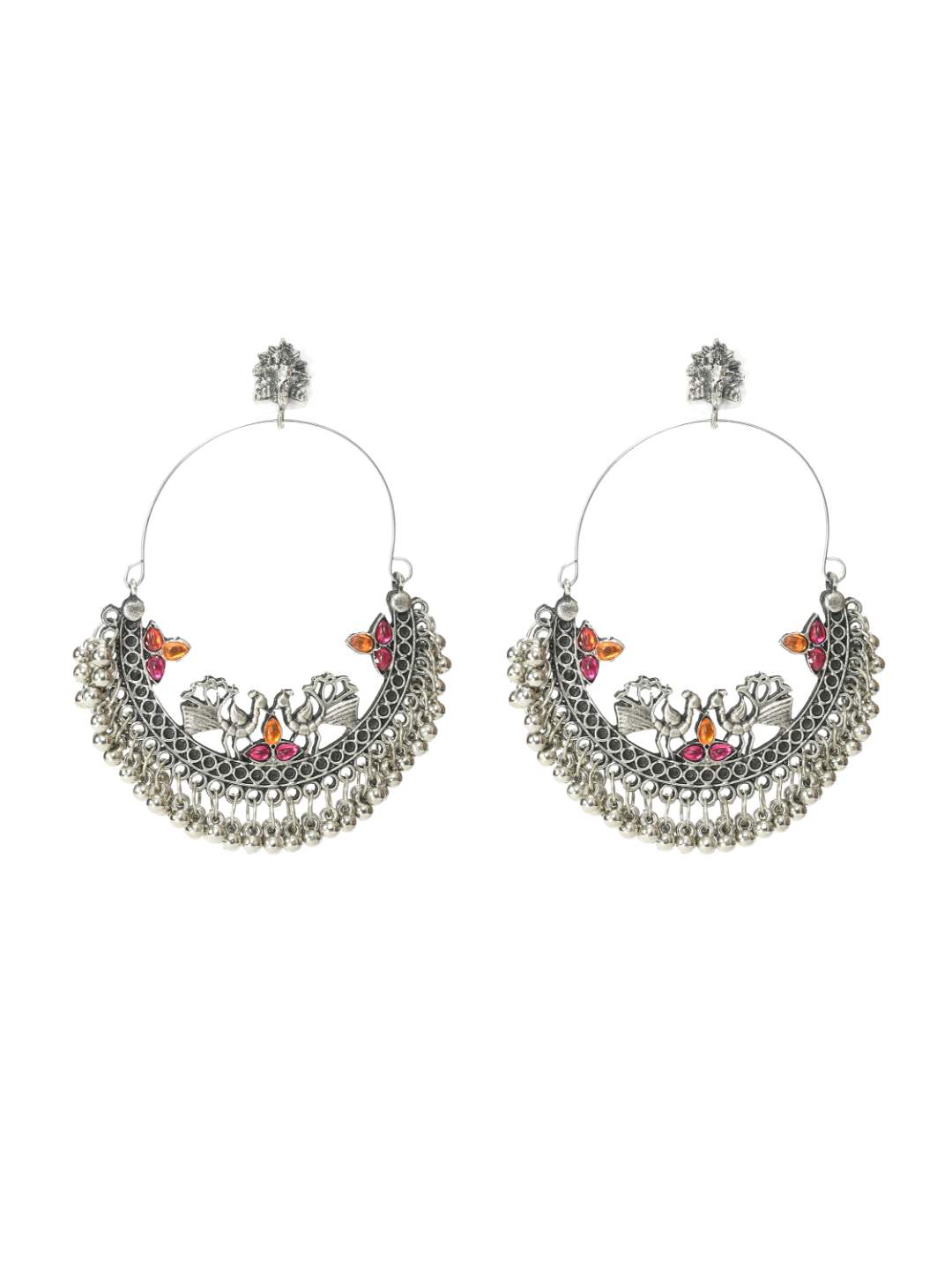 Silver-Plated Peacock Design Multi colour Kundan Earrings Jker_140