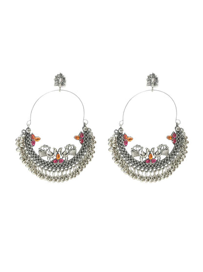 Silver-Plated Peacock Design Multi colour Kundan Earrings Jker_140