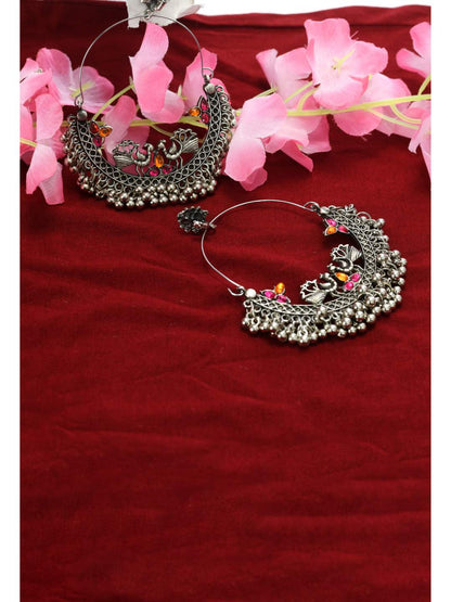 Silver-Plated Peacock Design Multi colour Kundan Earrings Jker_140