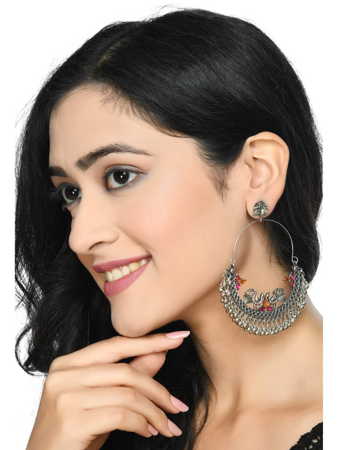 Silver-Plated Peacock Design Multi colour Kundan Earrings Jker_140