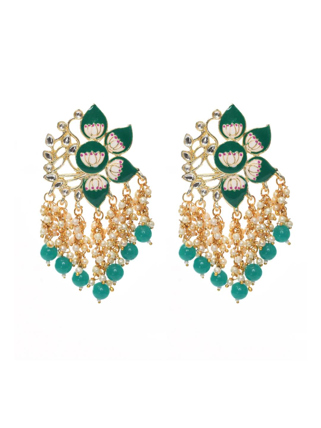 Women Gold-Plated Kundan Studded, Meenakari Earrings In Floral Pattern Jker_148