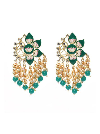 Women Gold-Plated Kundan Studded, Meenakari Earrings In Floral Pattern Jker_148