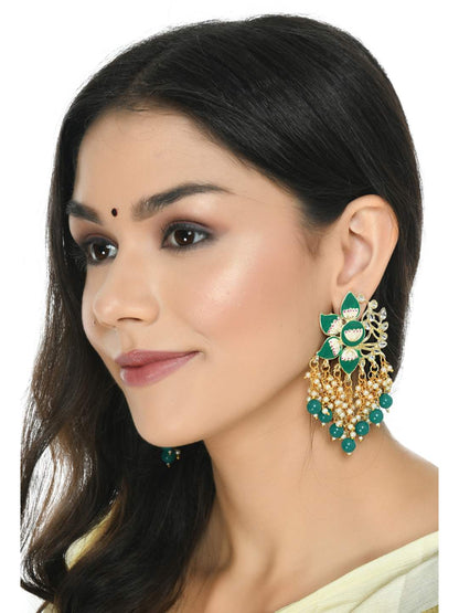 Women Gold-Plated Kundan Studded, Meenakari Earrings In Floral Pattern Jker_148