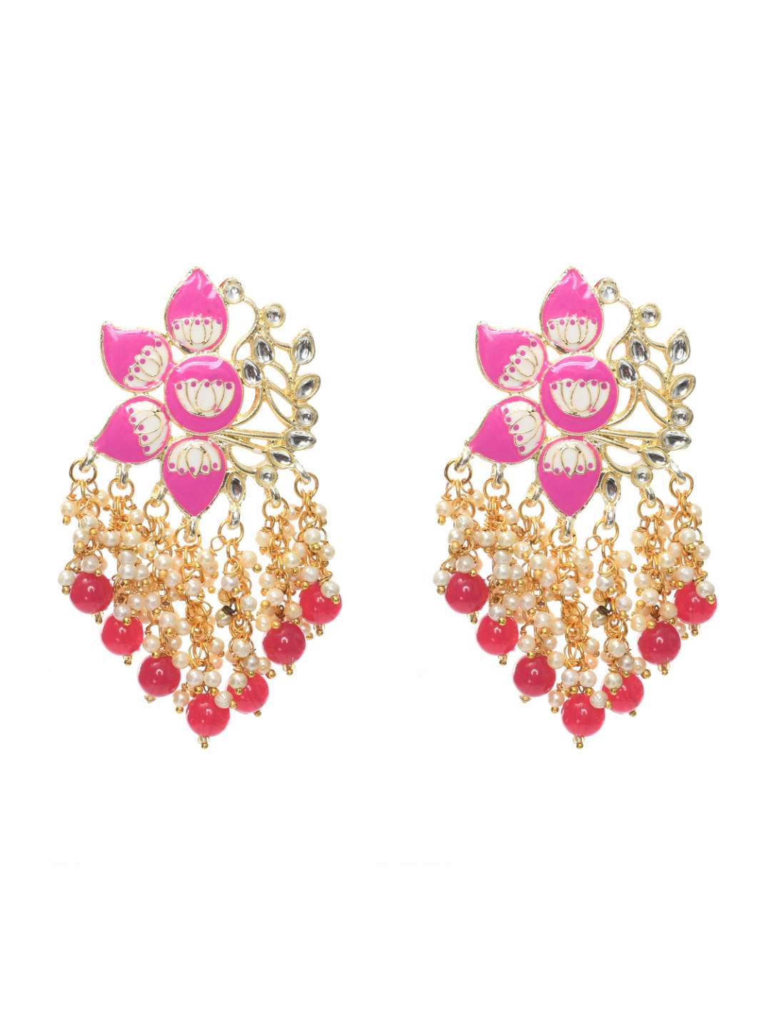 Women Gold-Plated Kundan Studded, Meenakari Earrings In Floral Pattern Jker_150