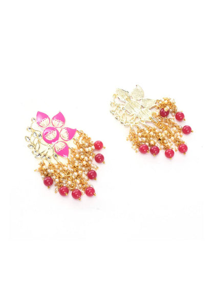 Women Gold-Plated Kundan Studded, Meenakari Earrings In Floral Pattern Jker_150