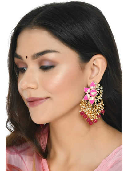 Women Gold-Plated Kundan Studded, Meenakari Earrings In Floral Pattern Jker_150