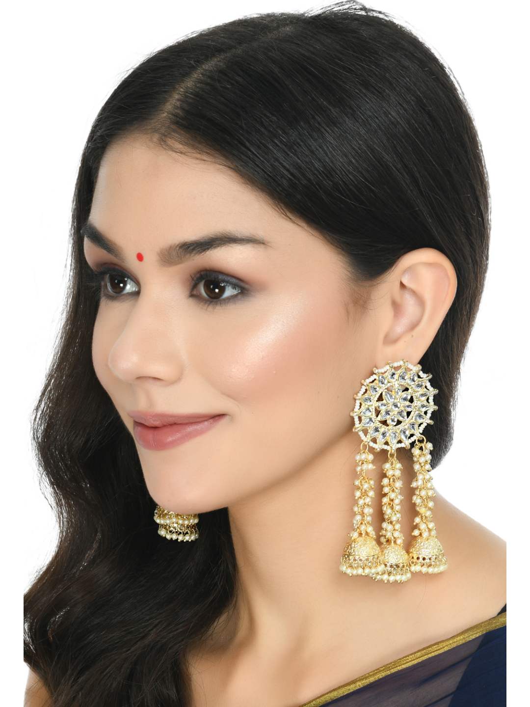 Golden Plated Earrings with Kundan & Pearls Jker_152