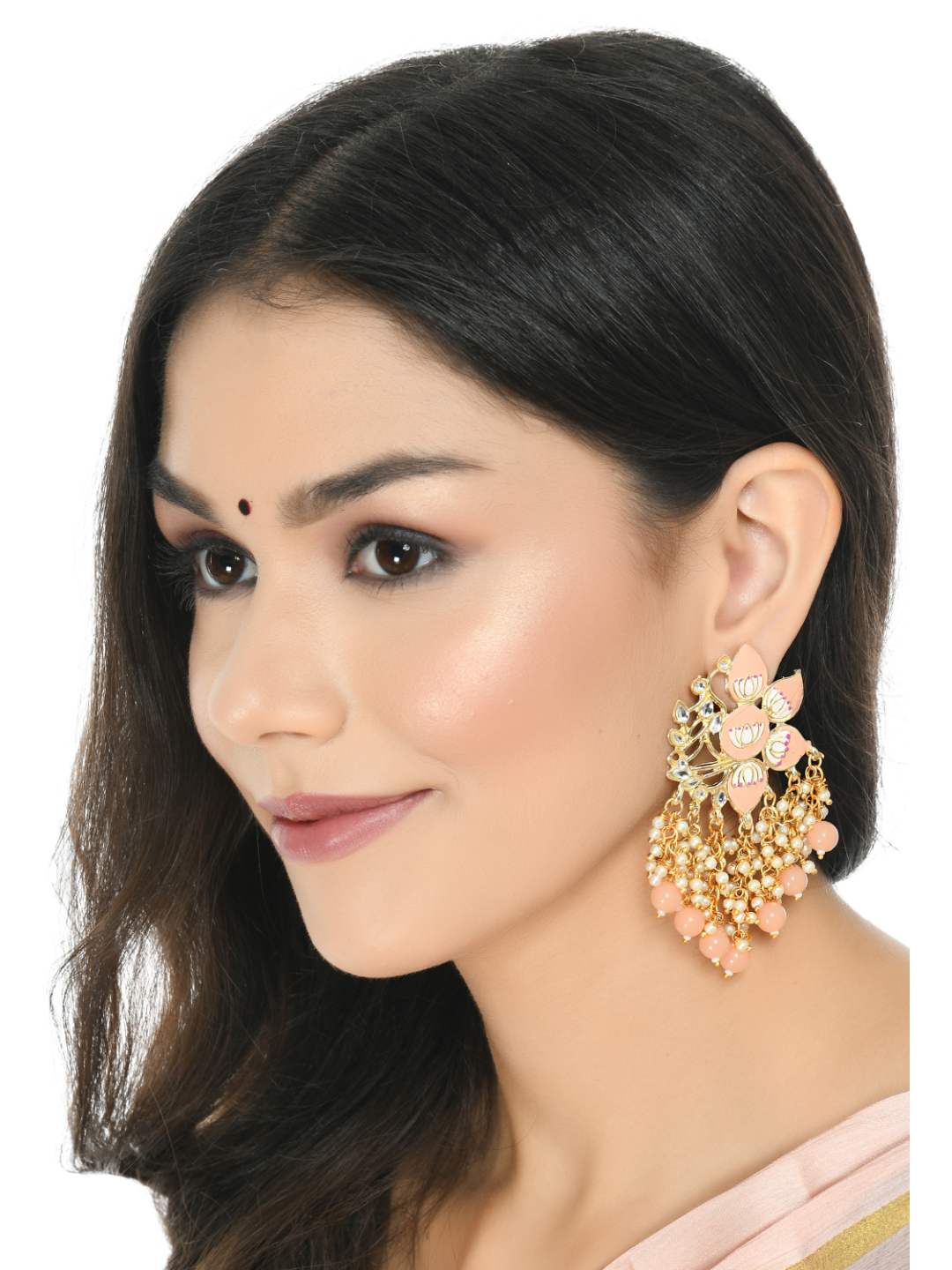 Women Gold-Plated Kundan Studded, Meenakari Earrings In Floral Pattern Jker_153