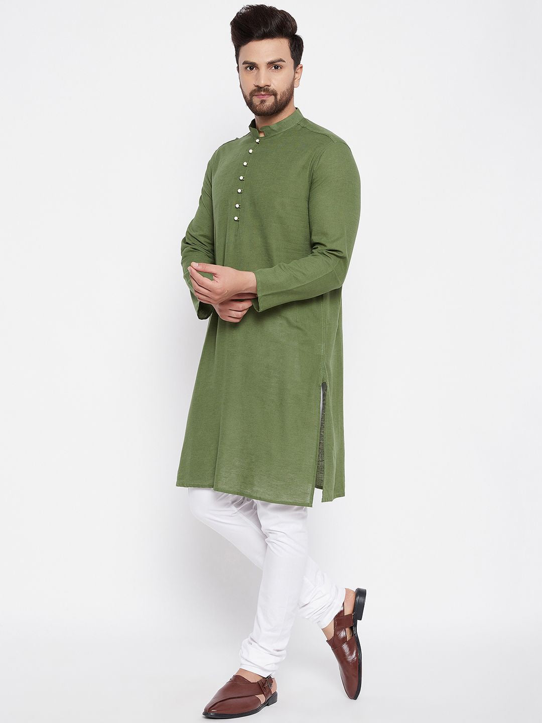 Men's Solid Green Linen Kurta