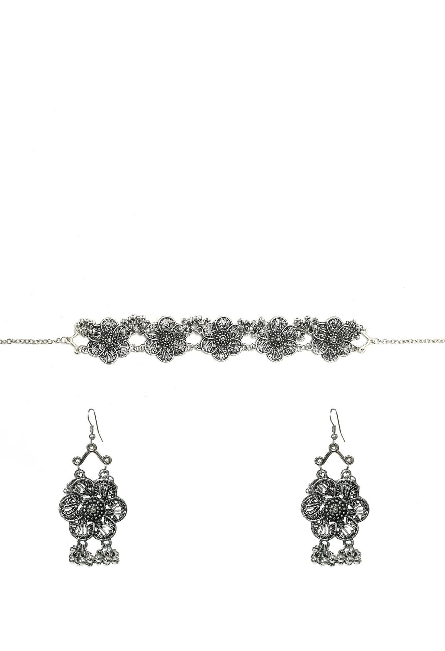 Trendia Silver color Oxidised Necklace Set With Ghungru Jkms_115