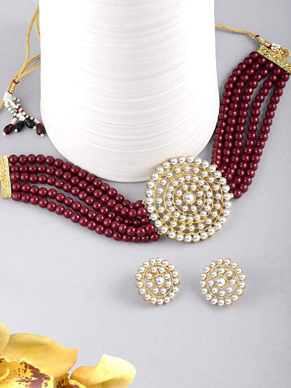 Women's 18k Gold Plated Maroon Pearl Beaded Choker Set with Stud Earrings for women