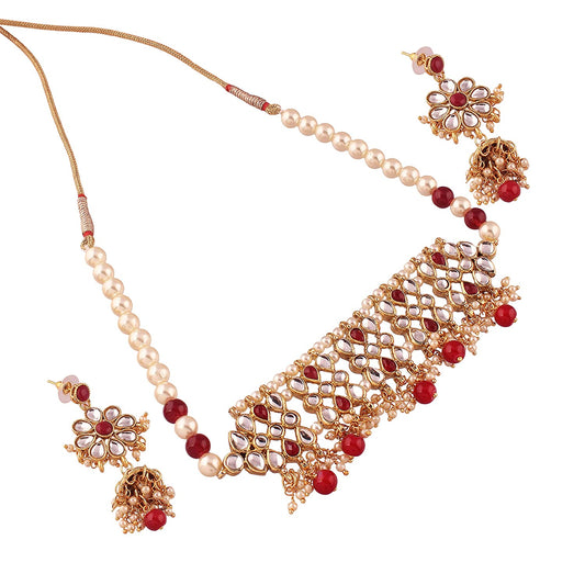 Women's Gold Plated Red Kundan & Pearl Studded Choker Necklace Set with Earring