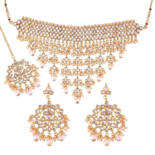 Women's Gold Plated White Kundan & Pearl Studded Choker Necklace Set with Earrings & Maang Tikka