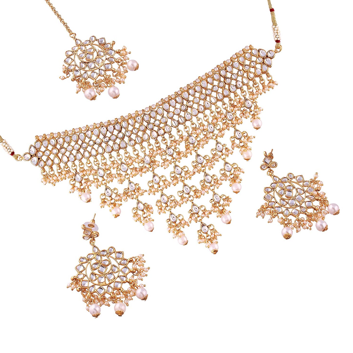 Women's Gold Plated White Kundan & Pearl Studded Choker Necklace Set with Earrings & Maang Tikka