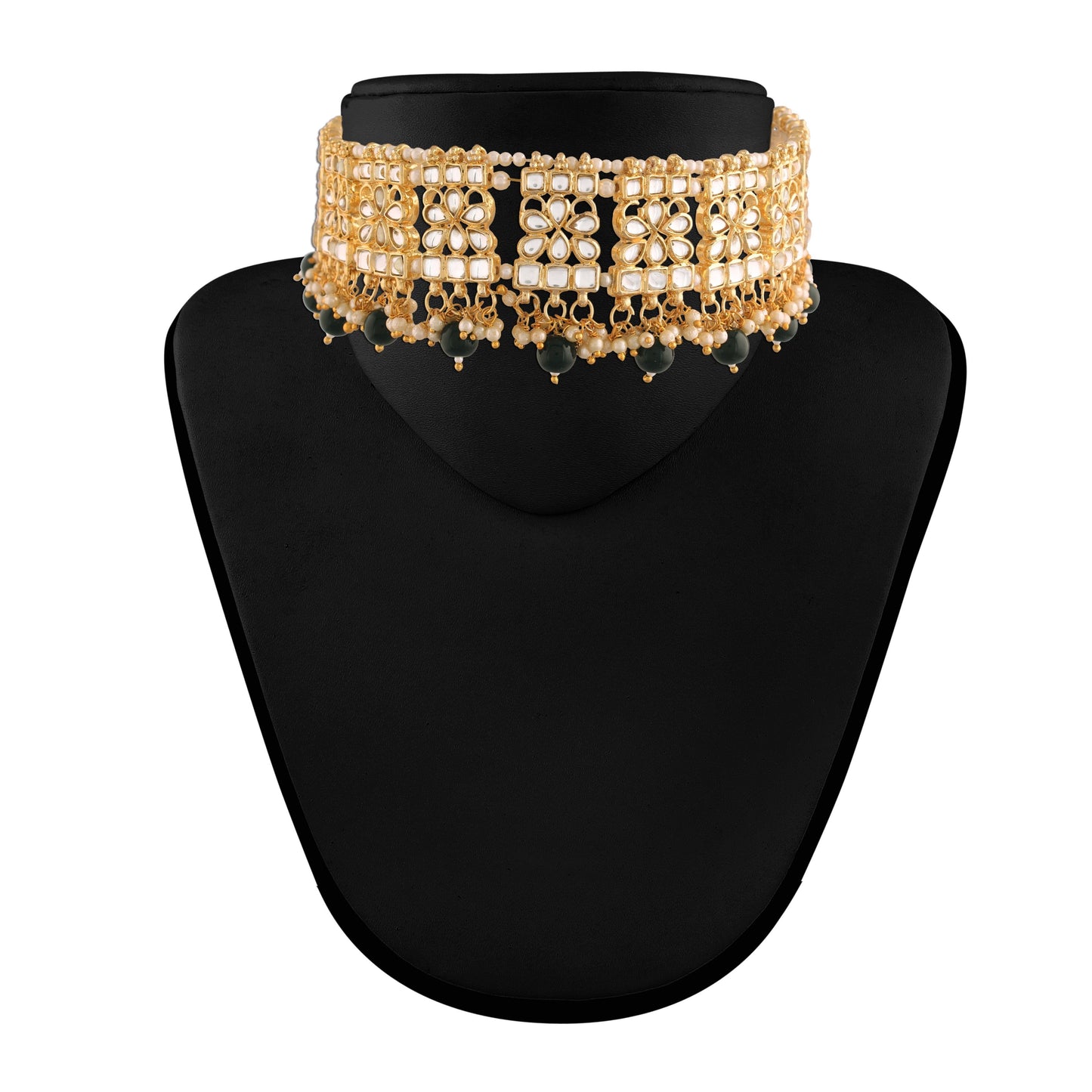 Women's Gold Plated Black Handcrafted Choker Necklace Set with Earrings & Maang Tikka