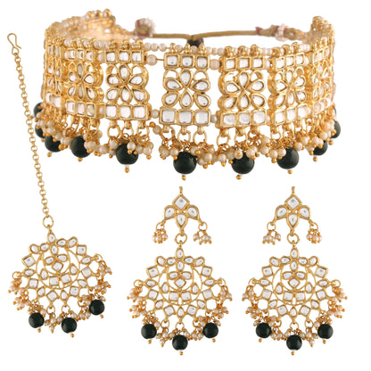 Women's Gold Plated Black Handcrafted Choker Necklace Set with Earrings & Maang Tikka