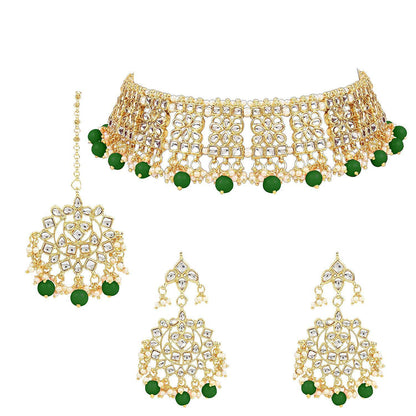 Women's Gold Plated Green Kundan & Pearl Studded Choker Jeweller Set with Earrings & Maang Tikka