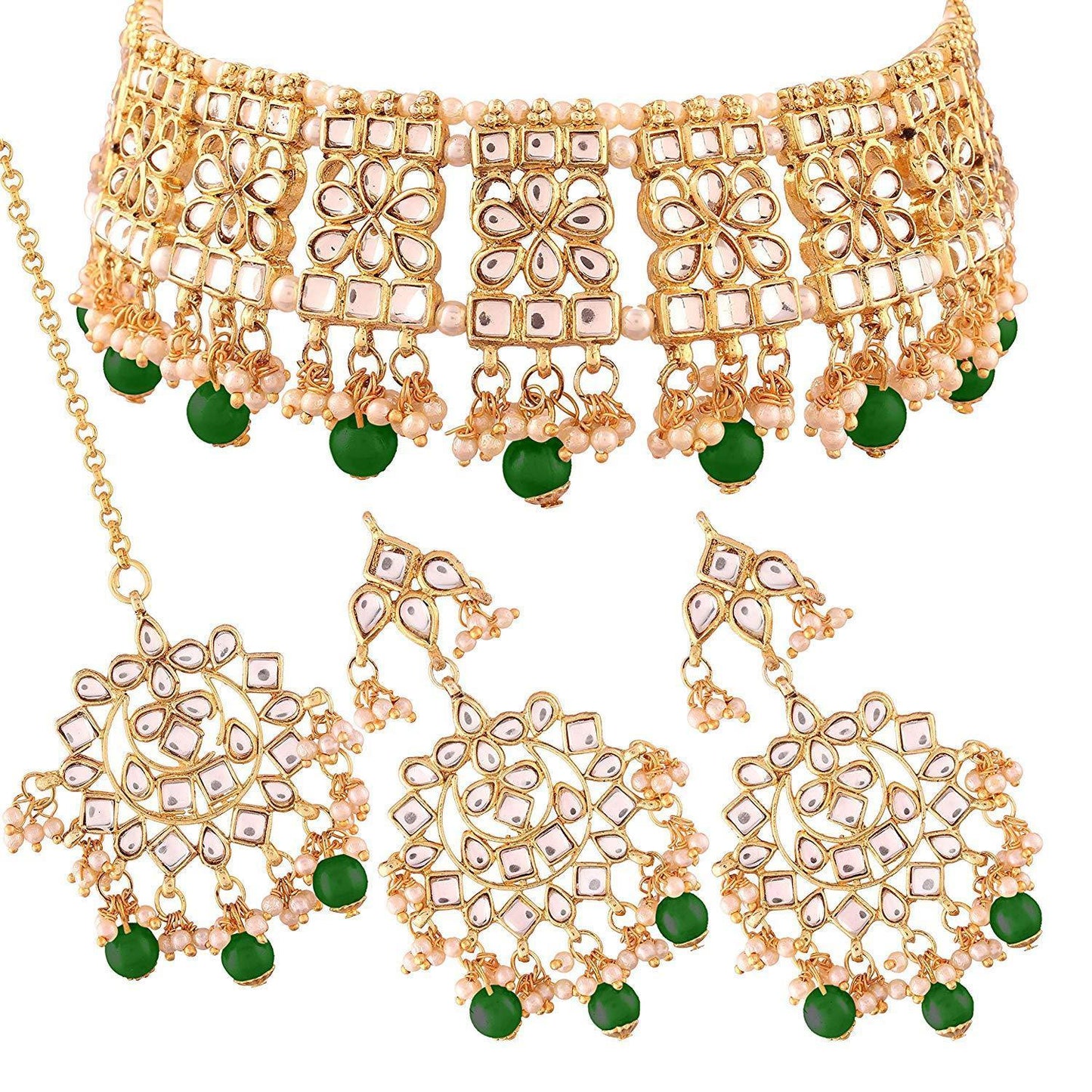 Women's Gold Plated Green Kundan & Pearl Studded Choker Jeweller Set with Earrings & Maang Tikka