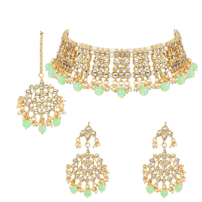 Women's Gold PlatedMint Kundan & Pearl Studded Choker Necklace Set with Earrings & Maang Tikka