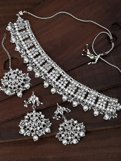 Women's Rhodium Plated Silver Kundan & Pearl Studded Choker Necklace Jewellery Set with Earrings & Maang Tikka