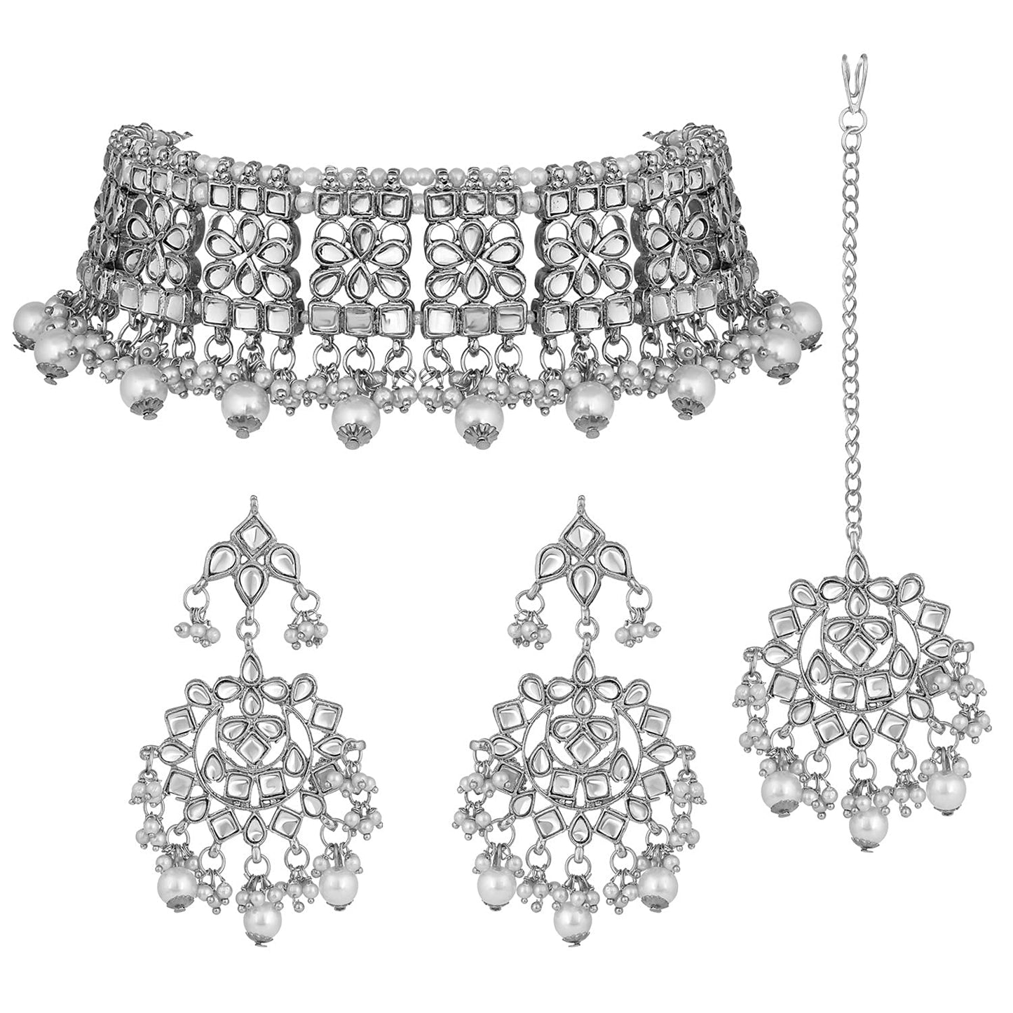 Women's Rhodium Plated Silver Kundan & Pearl Studded Choker Necklace Jewellery Set with Earrings & Maang Tikka