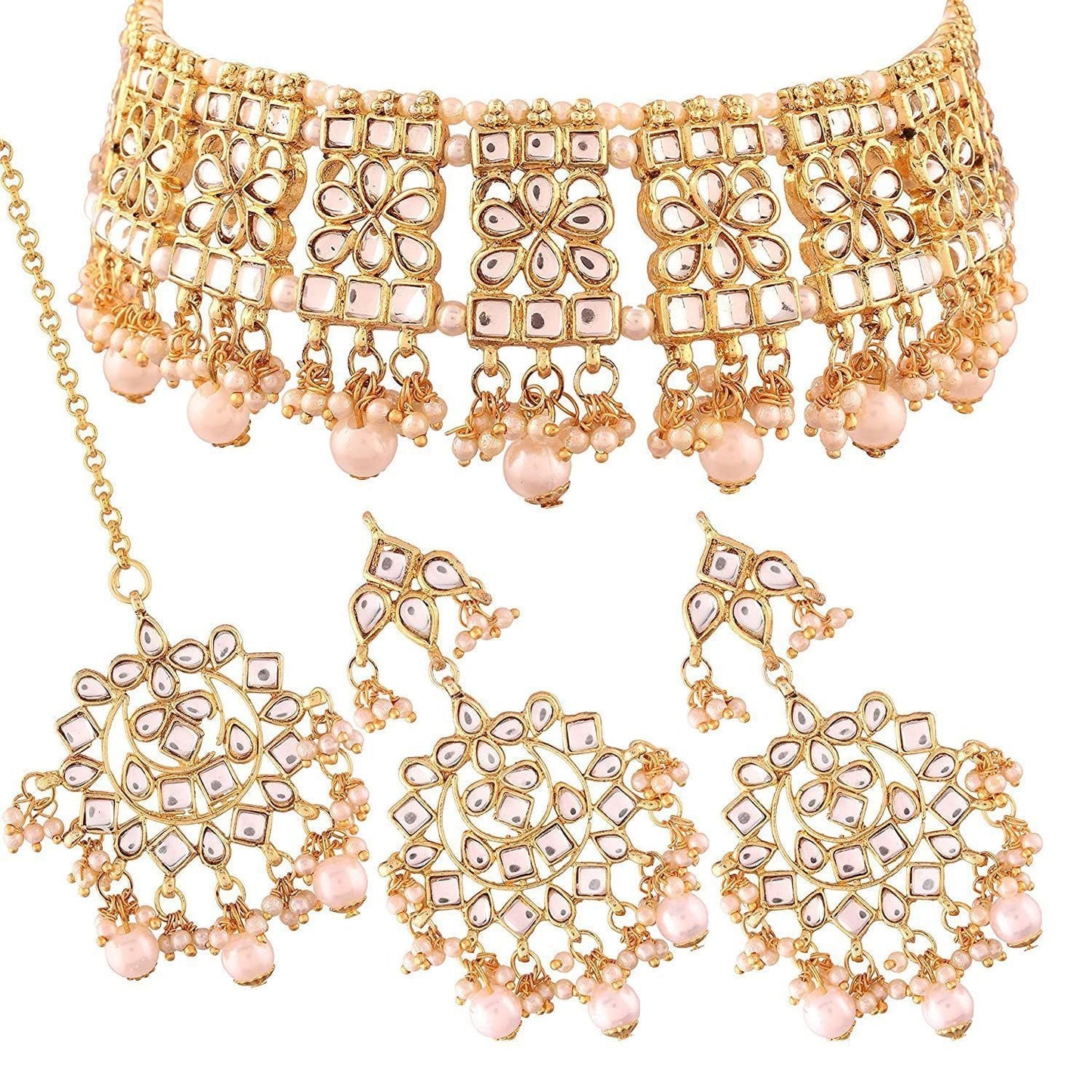 Women's Gold Plated White Kundan & Pearl Studded Choker Necklace Set with Earrings & Maang Tikka