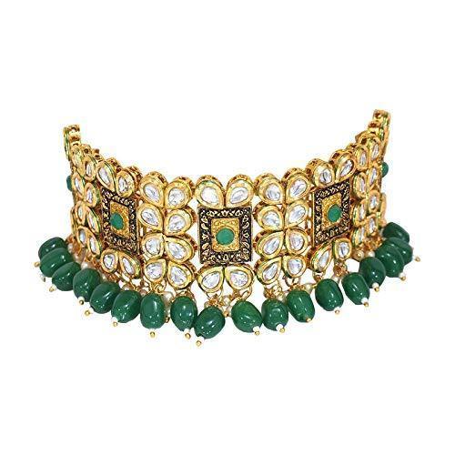 Women's Gold Plated Green Handcrafted Choker Necklace Jewellery Set