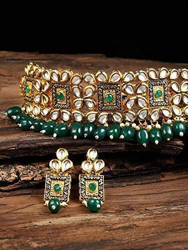 Women's Gold Plated Green Handcrafted Choker Necklace Jewellery Set