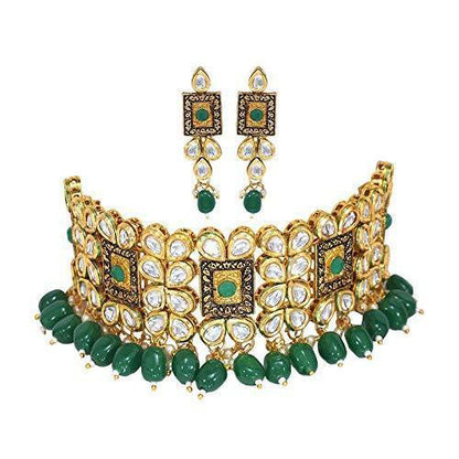 Women's Gold Plated Green Handcrafted Choker Necklace Jewellery Set