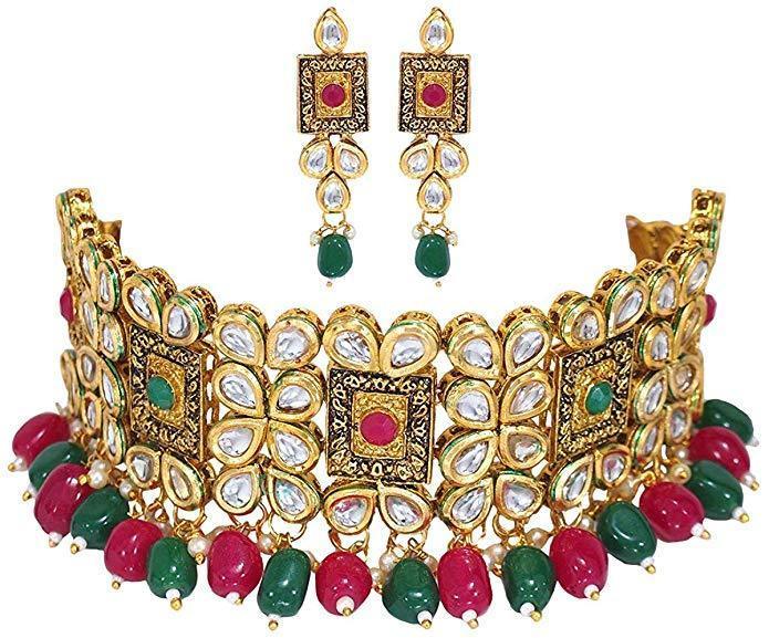 Women's Gold Plated Multi Color Handcrafted Choker Necklace Set