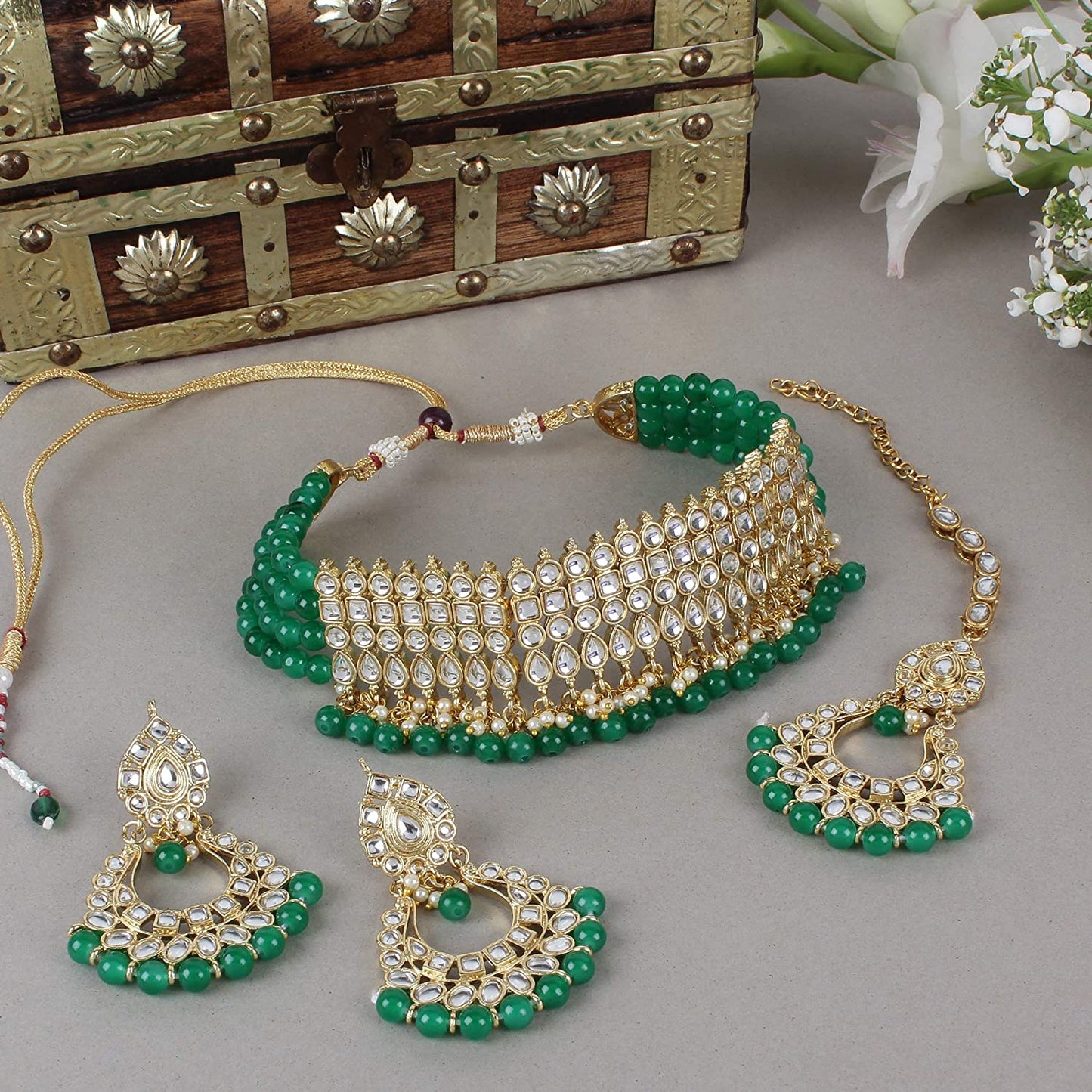 Women's Gold-Plated Green Kundan & Pearl Studded Choker Necklace Set