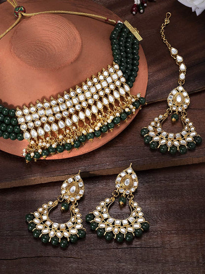 Women's Gold-Plated Green Kundan & Pearl Studded Choker Necklace Set