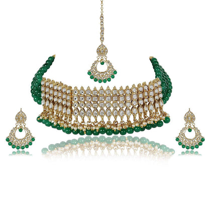 Women's Gold-Plated Green Kundan & Pearl Studded Choker Necklace Set