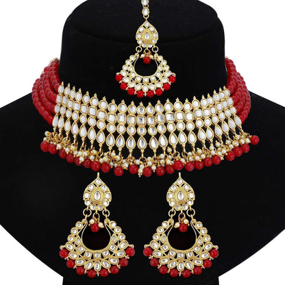 Women's Gold-Plated Red Kundan & Pearl Studded Choker Necklace Set