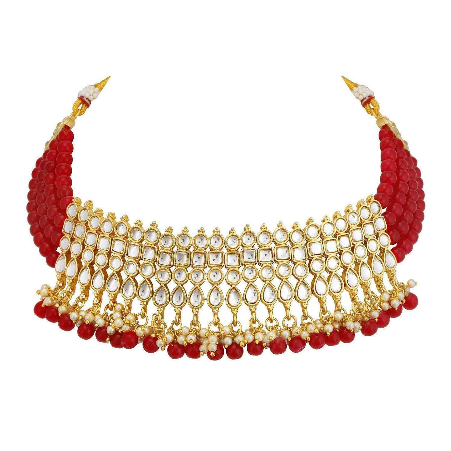 Women's Gold-Plated Red Kundan & Pearl Studded Choker Necklace Set