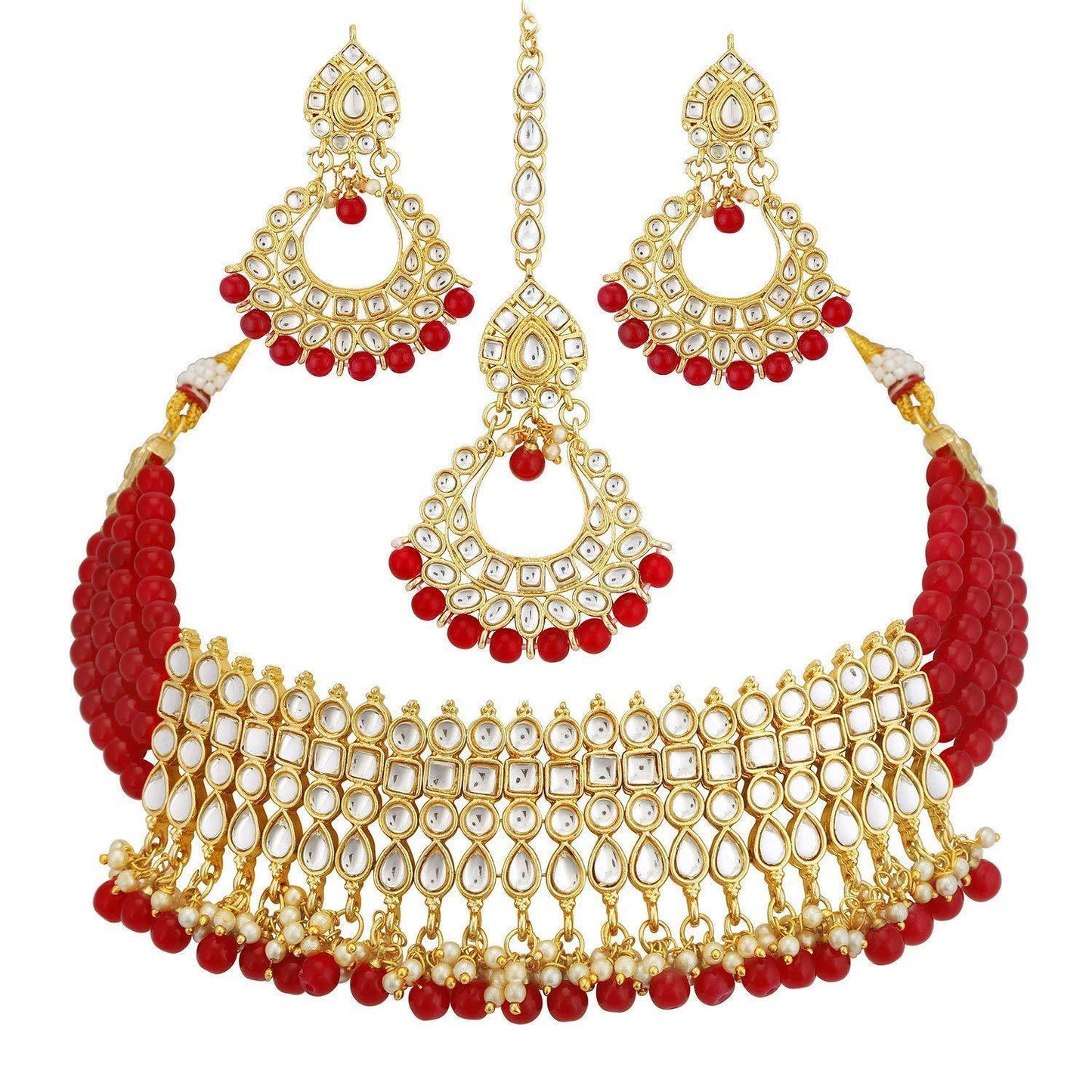 Women's Gold-Plated Red Kundan & Pearl Studded Choker Necklace Set