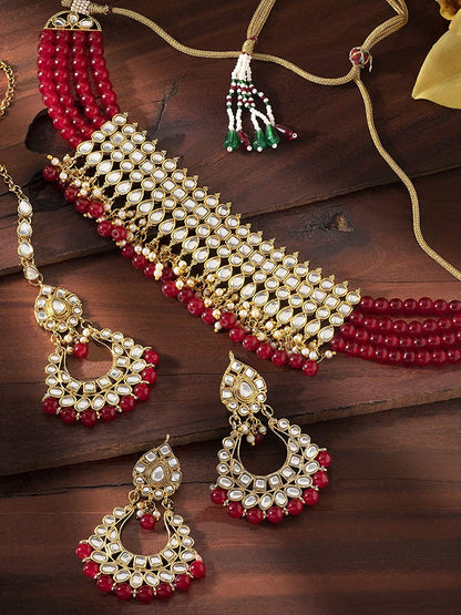 Women's Gold-Plated Red Kundan & Pearl Studded Choker Necklace Set