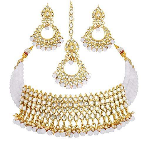 Women's Gold-Plated Studded White Kundan & Pearl Studded Choker Necklace Set