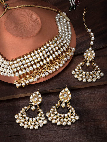 Women's Gold-Plated Studded White Kundan & Pearl Studded Choker Necklace Set