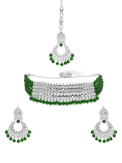 Women's Rhodium Plated Ethnic Green Kundan & Pearl Choker Necklace Set